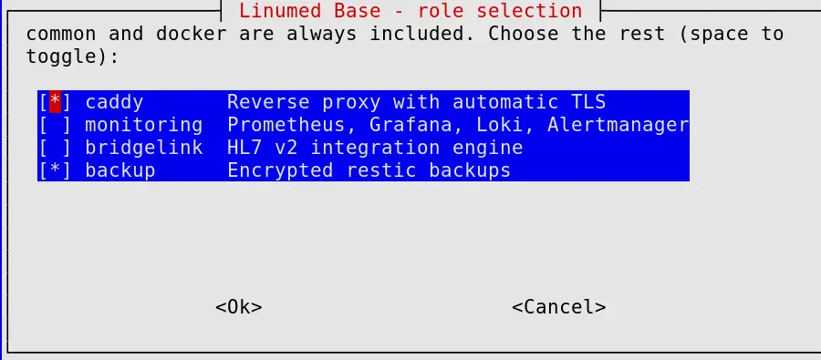 Terminal-Dialog „Linumed Base - role selection“: eine Checkliste mit den Rollen caddy (Reverse Proxy mit automatischem TLS, ausgewählt), monitoring (Prometheus, Grafana, Loki, Alertmanager, nicht ausgewählt), bridgelink (HL7-v2-Integration, nicht ausgewählt) und backup (verschlüsselte restic-Backups, ausgewählt). common und docker sind immer enthalten.